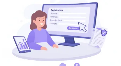 Ilustración vectorial de una sociedad por acciones simplificada SAS en Uruguay con documentos, edificio de empresa y elementos fiscales en tonos violeta y azul