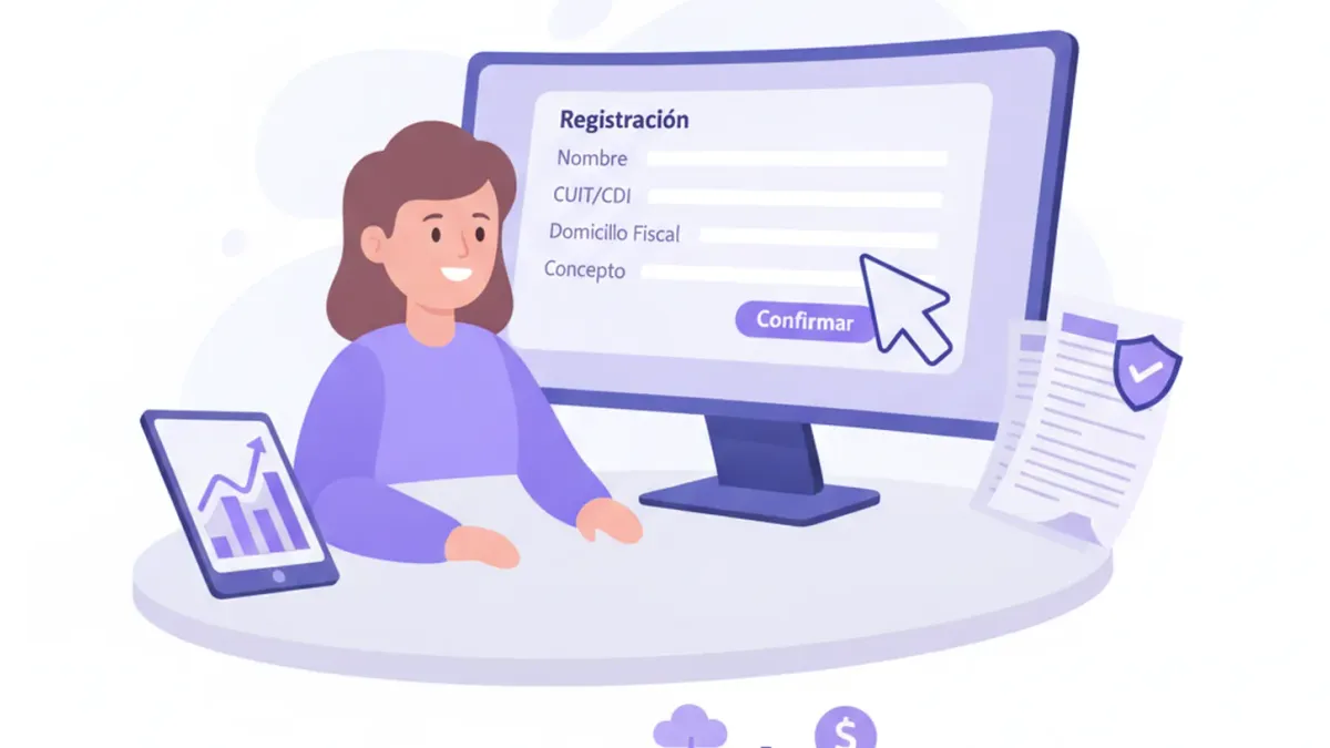 Ilustración vectorial de una sociedad por acciones simplificada SAS en Uruguay con documentos, edificio de empresa y elementos fiscales en tonos violeta y azul