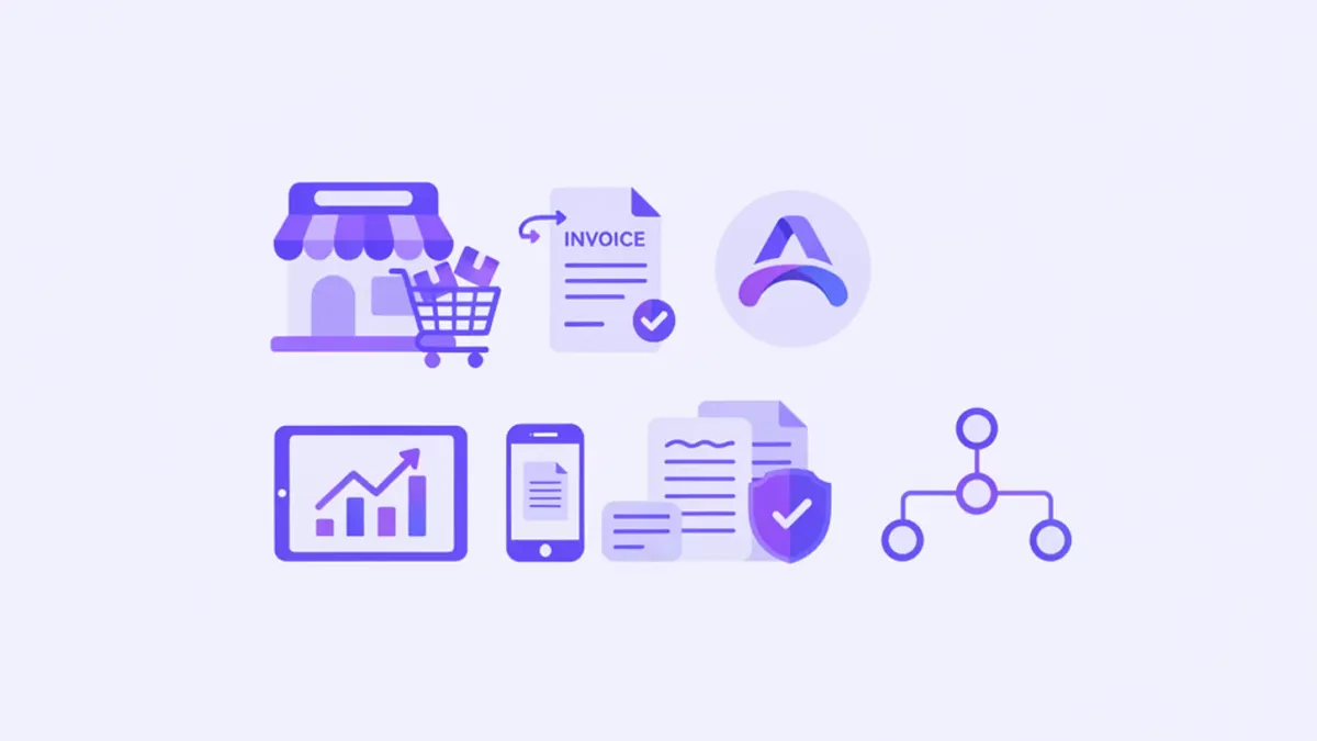 Ilustración flat vector de una tienda online con carrito, factura y logo ARCA en tonos violeta y azul