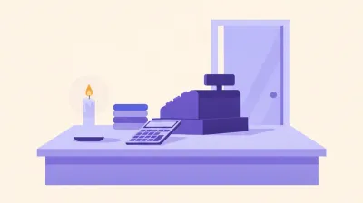 Ilustración de un mostrador de comercio a media luz durante un corte de energía, con una vela y una calculadora junto a la caja registradora apagada