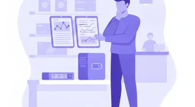 Ilustración de una persona comparando dos fichas técnicas de un estabilizador y una UPS antes de elegir cuál comprar para el comercio