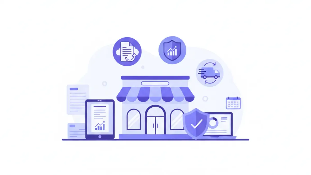 Ilustración vectorial de una tienda online con íconos de facturación y impuestos en tonos violeta y azul