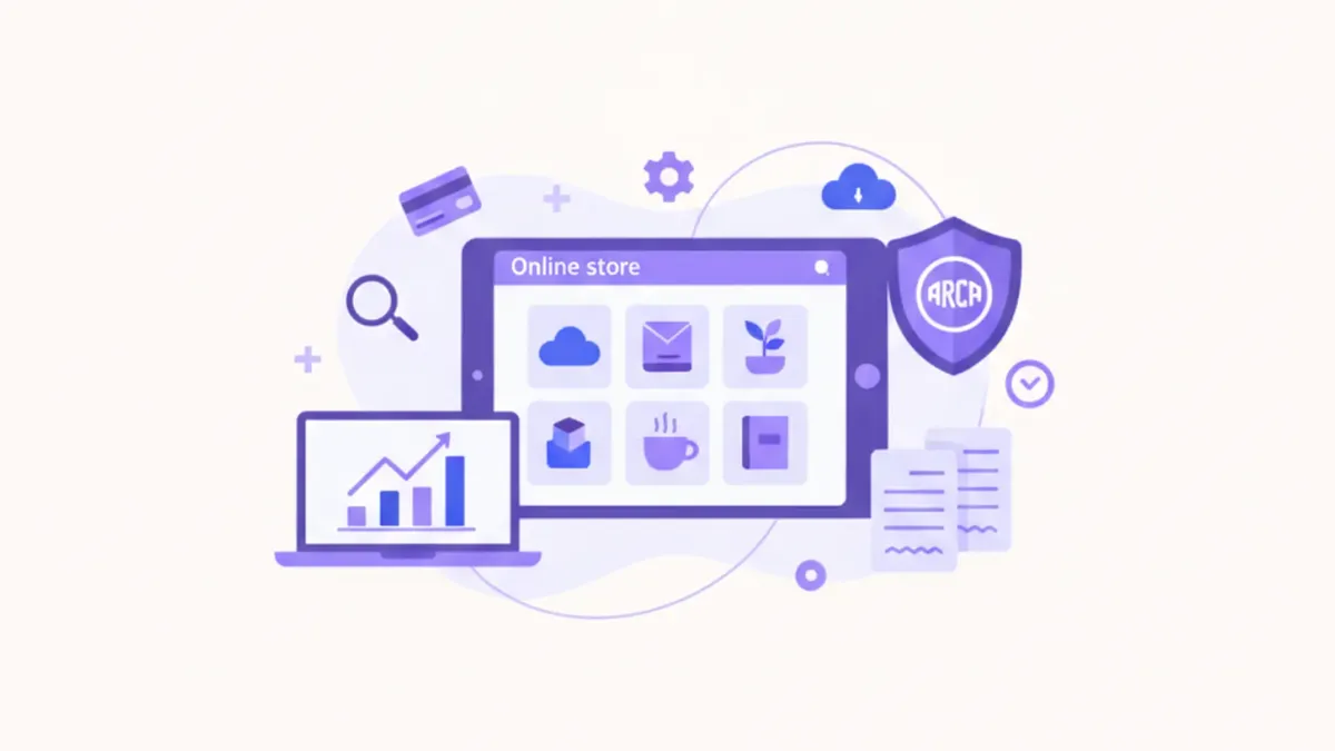 Ilustración flat vector violeta y azul de una tienda online con productos variados y logo ARCA