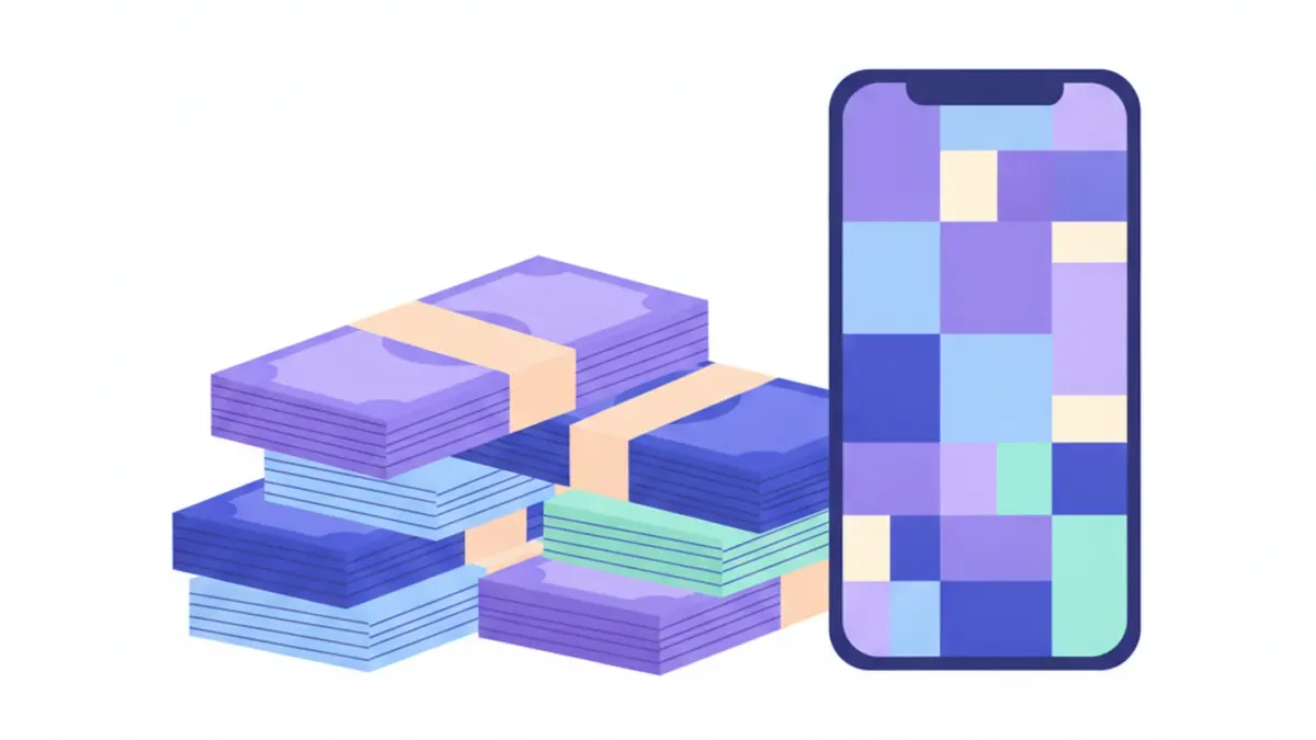 Ilustración de billetes de real y guaraní junto a un celular con un código QR