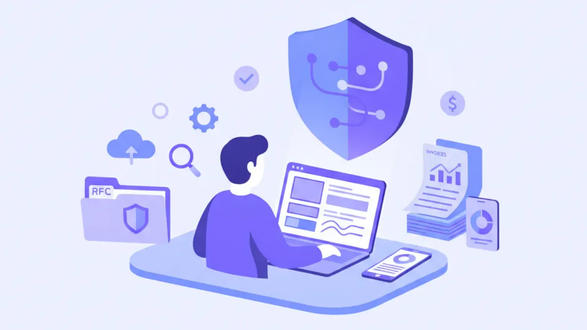 Ilustración vectorial de un contribuyente mexicano reactivando su registro ante el SAT con documentos y pantalla de portal fiscal en tonos violeta y azul