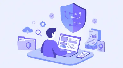 Ilustración vectorial de un contribuyente mexicano reactivando su registro ante el SAT con documentos y pantalla de portal fiscal en tonos violeta y azul