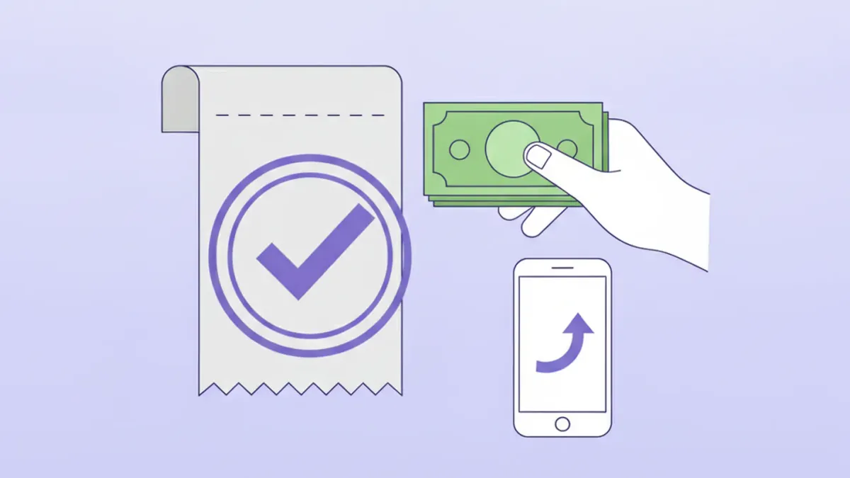 Recibo de pago con tilde de conformidad, billetes y una transferencia desde el celular