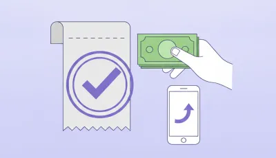 Recibo de pago con tilde de conformidad, billetes y una transferencia desde el celular