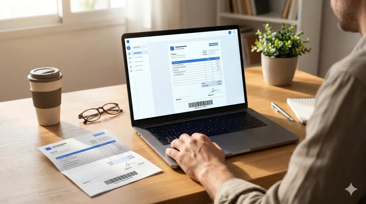 Notebook mostrando un recibo de sueldo digital firmado electrónicamente con un celular al lado confirmando la entrega