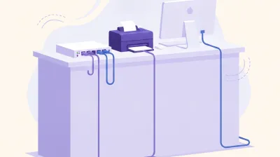 Ilustración de un mostrador de comercio con un switch de red, cables Ethernet y una impresora térmica conectada a la PC
