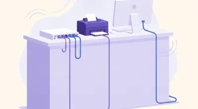 Ilustración de un mostrador de comercio con un switch de red, cables Ethernet y una impresora térmica conectada a la PC
