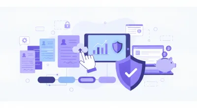 Ilustración flat vectorial en violeta y azul de documentos fiscales, facturación electrónica y declaraciones de impuestos en México