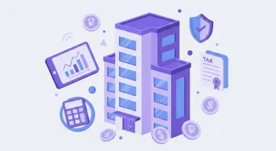 Ilustración flat vector de un edificio de departamentos con íconos de documentos fiscales, calculadora y monedas en tonos violeta y azul