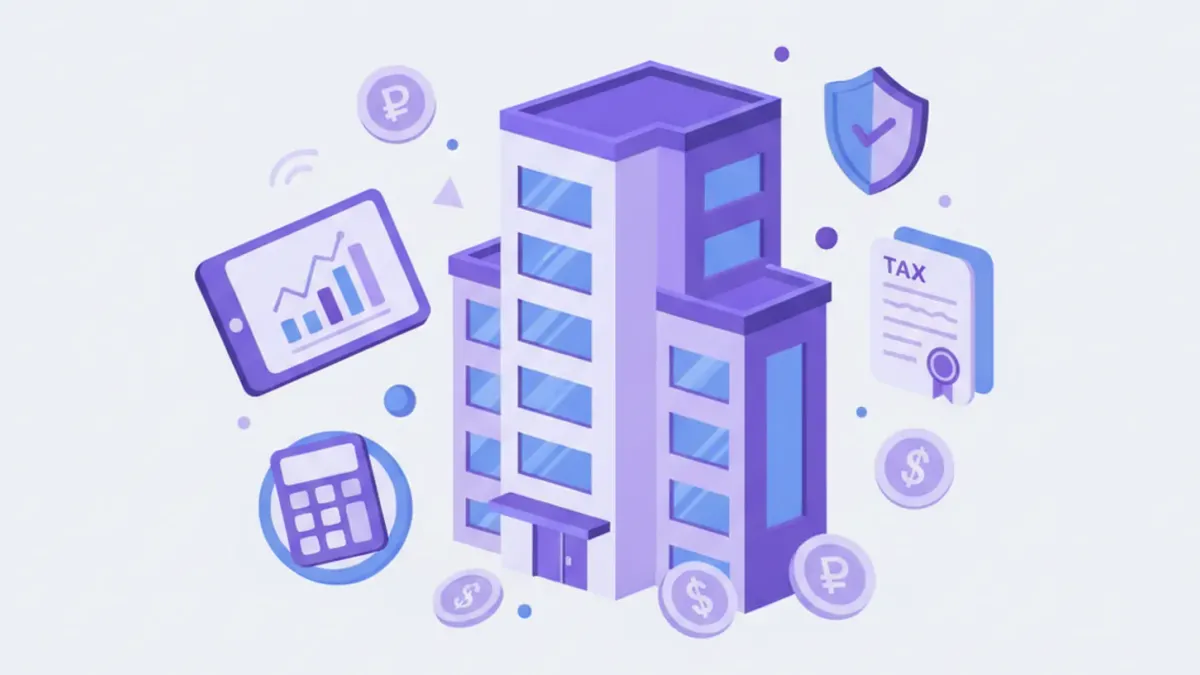 Ilustración flat vector de un edificio de departamentos con íconos de documentos fiscales, calculadora y monedas en tonos violeta y azul