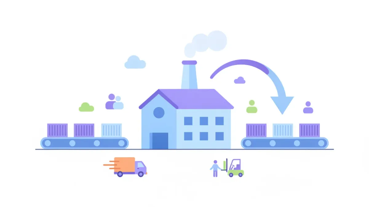 Ilustración de contenedores entrando y saliendo de una fábrica con una flecha de exportación