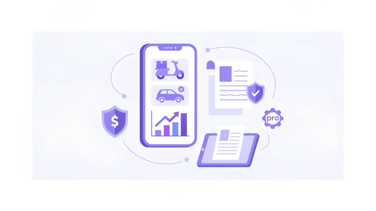 Ilustración vectorial del régimen de plataformas tecnológicas en México: íconos de app móvil, factura CFDI y escudo del SAT sobre fondo violeta y azul