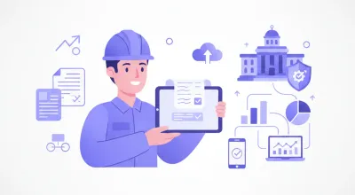 Ilustración plana de un trabajador mexicano recibiendo su recibo de nómina digital con iconos del SAT, IMSS y CFDI en tonos violeta y azul