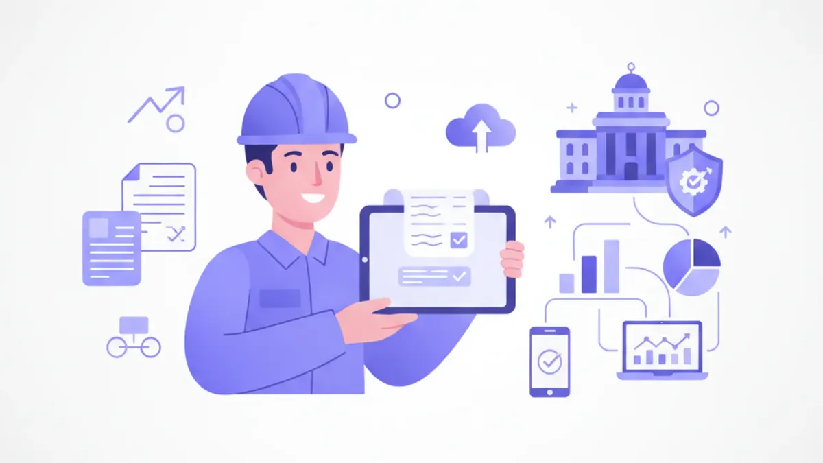 Ilustración plana de un trabajador mexicano recibiendo su recibo de nómina digital con iconos del SAT, IMSS y CFDI en tonos violeta y azul