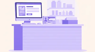 Ilustración de un mostrador con una PC mostrando un formulario de alta de cliente junto a un DNI apoyado sobre el mesón
