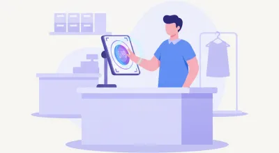 Ilustración de un empleado marcando su llegada en una pantalla con reconocimiento facial en el mostrador de un comercio
