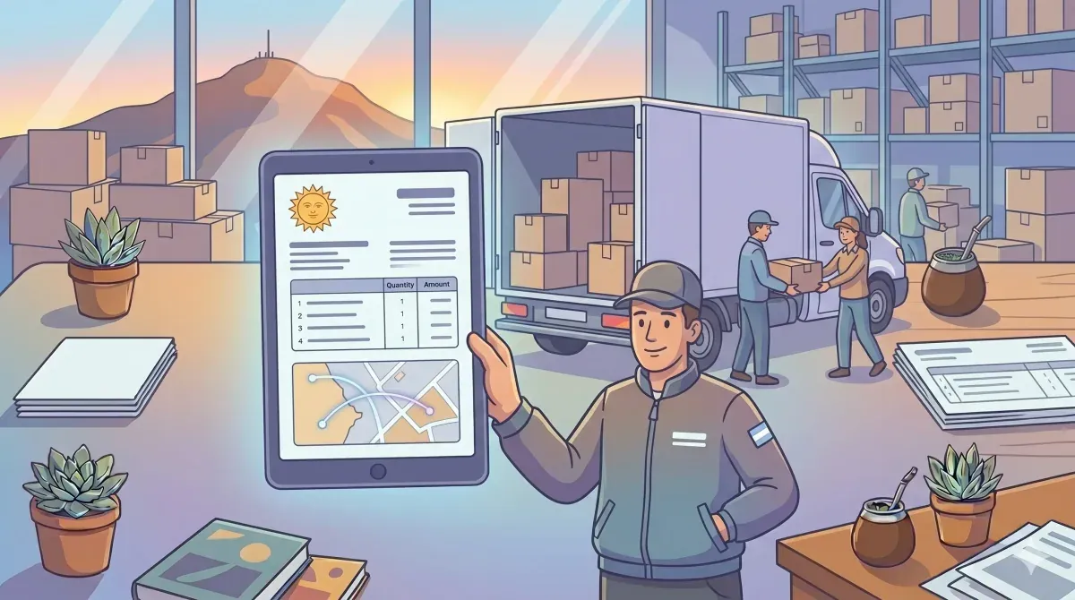 Camionero recibiendo un remito electrónico en un dispositivo móvil al cargar mercadería en un depósito