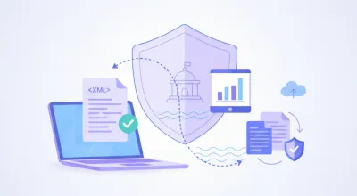 Ilustración vectorial de un reporte diario de CFE enviado digitalmente a la DGI de Uruguay, con íconos de documentos electrónicos y conexión segura en tonos violeta y azul