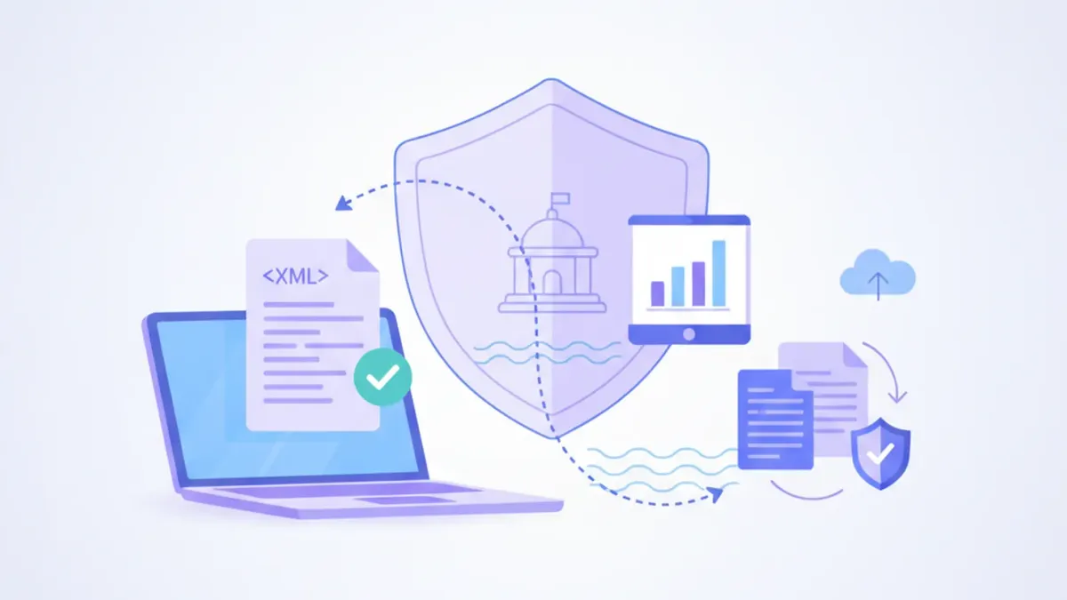 Ilustración vectorial de un reporte diario de CFE enviado digitalmente a la DGI de Uruguay, con íconos de documentos electrónicos y conexión segura en tonos violeta y azul