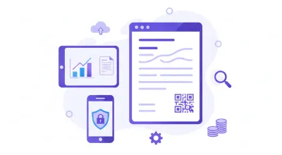Ilustración vectorial de un documento CFDI con código QR, sello digital y datos fiscales en tonos violeta y azul