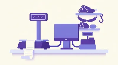 Ilustración de una balanza Kretz Aura imprimiendo un ticket térmico sobre el mostrador de una carnicería, conectada a una PC