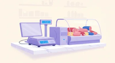 Ilustración de una balanza Systel Clipse sin mástil sobre el mostrador de una fiambrería, conectada por cable serie a una PC