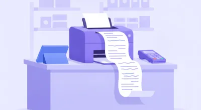 Ilustración de una impresora térmica Epson TM-T20 imprimiendo un ticket de venta en el mostrador de un comercio