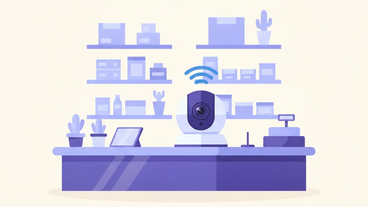 Ilustración de una cámara Imou Ranger 2C con base giratoria montada sobre el mostrador de un comercio, conectada por Wi-Fi