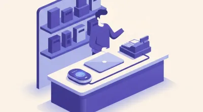 Ilustración de un lector de huella digital DigitalPersona U.are.U 4500 conectado por USB junto a una notebook en el mostrador de un comercio