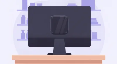 Ilustración de una mini PC genérica sin marca atornillada detrás de un monitor en el mostrador de un comercio chico