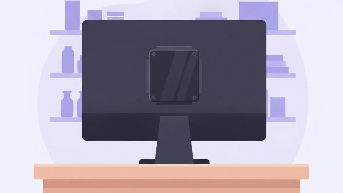 Ilustración de una mini PC genérica sin marca atornillada detrás de un monitor en el mostrador de un comercio chico