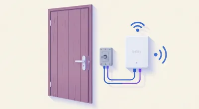 Ilustración de un relé de red Wi-Fi tipo Shelly instalado junto a una cerradura eléctrica en la puerta del depósito de un comercio