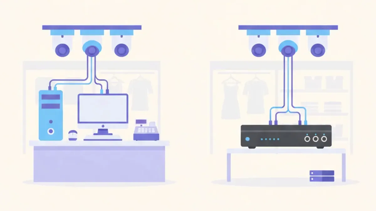 Ilustración de cinco cámaras de seguridad distintas conectadas a una misma pantalla de sistema mostrando sus streams de video RTSP