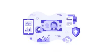 Ilustración vectorial plana sobre salario mínimo en México 2026 con iconos de pesos, trabajadores y gráficas de aumento salarial en tonos violeta y azul