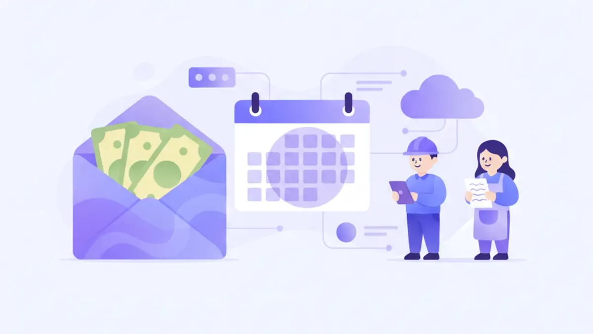 Ilustración de un sobre con billetes, un calendario y dos trabajadores, uno con casco y otra con delantal