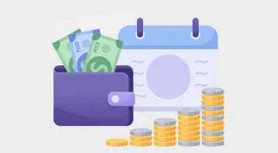 Billetera violeta con billetes de pesos, un calendario y columnas de monedas que crecen en escalera, ilustración del salario mínimo mensual