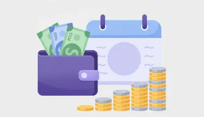 Billetera violeta con billetes de pesos, un calendario y columnas de monedas que crecen en escalera, ilustración del salario mínimo mensual