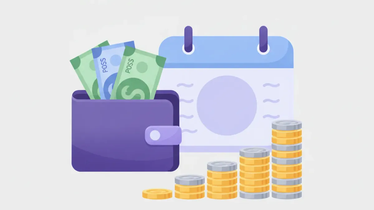 Billetera violeta con billetes de pesos, un calendario y columnas de monedas que crecen en escalera, ilustración del salario mínimo mensual