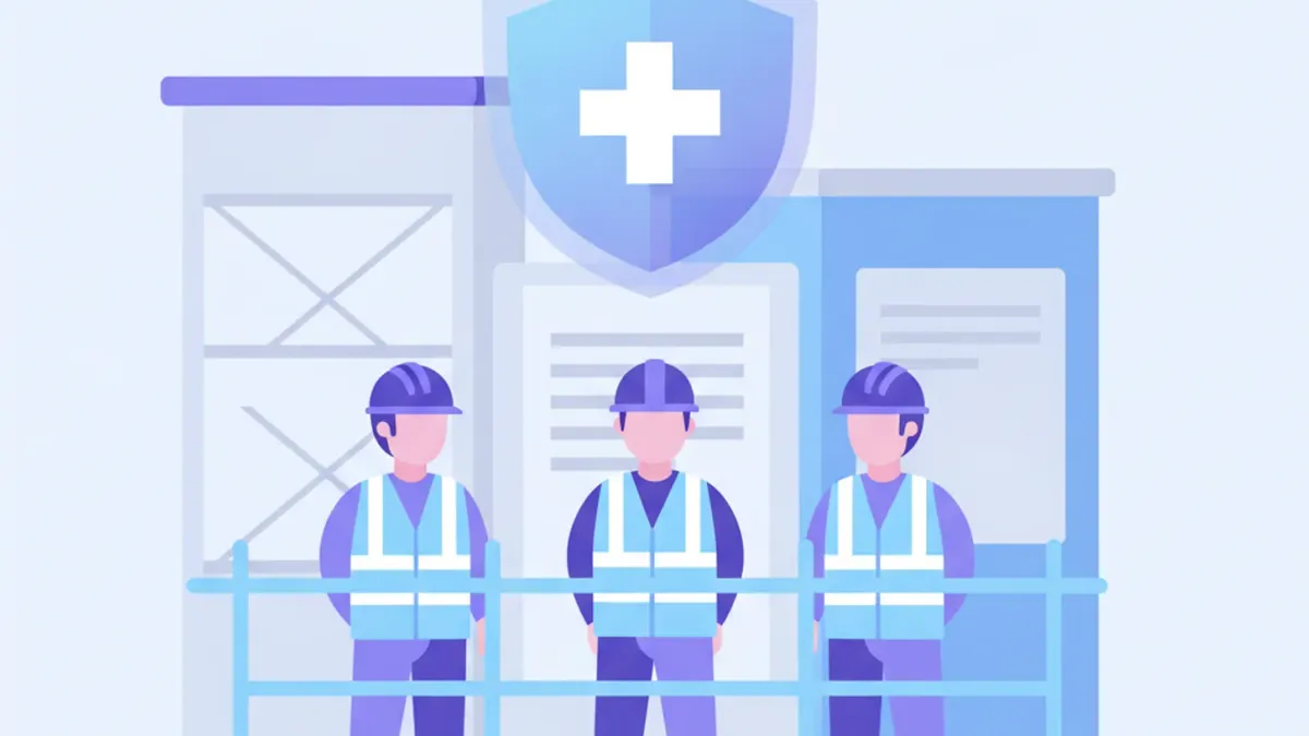 Tres trabajadores de construcción con casco y chaleco reflectivo detrás de una baranda de andamio, bajo un escudo de protección con una cruz médica
