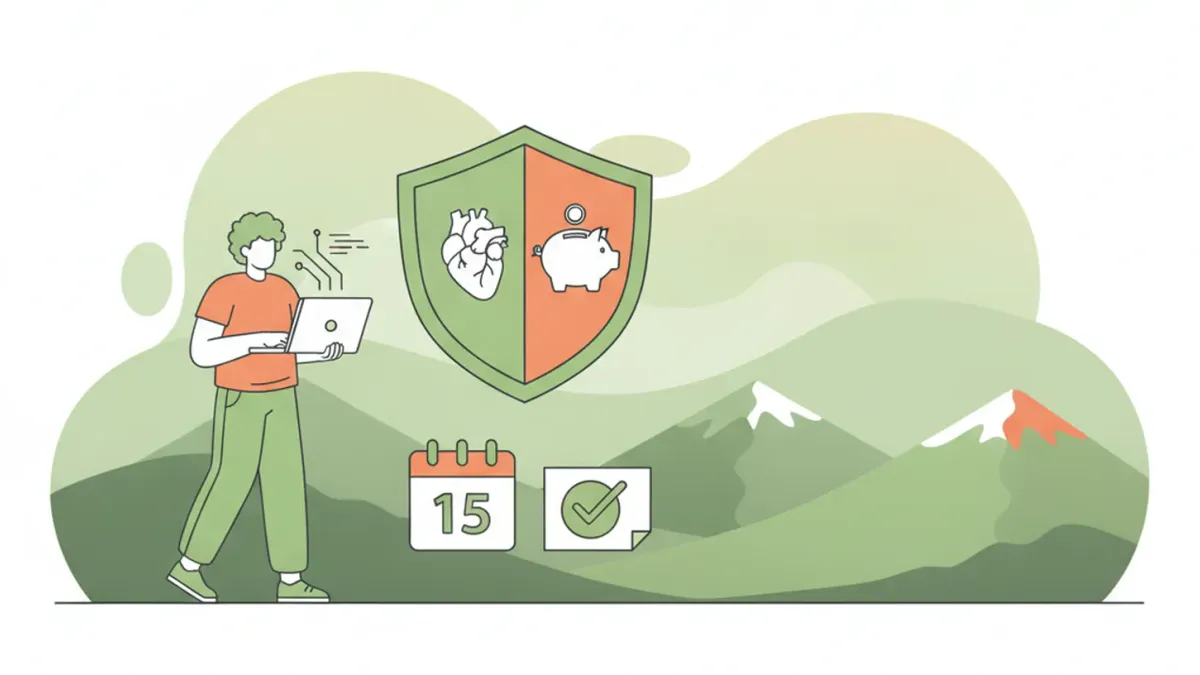 Ilustración de un contratista independiente con una laptop, un escudo de salud y una alcancía de pensión frente a las montañas andinas