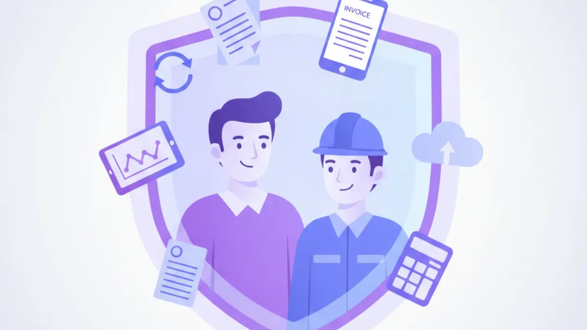 Ilustración flat del seguro de accidentes de trabajo del BSE en Uruguay: empleador, trabajador y escudo de protección laboral