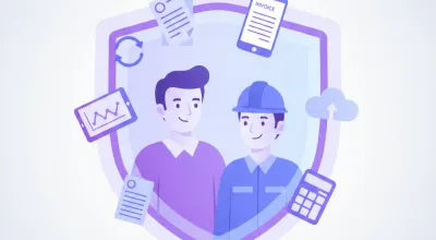 Ilustración flat del seguro de accidentes de trabajo del BSE en Uruguay: empleador, trabajador y escudo de protección laboral