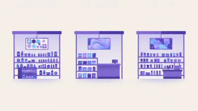 Ilustración de tres mostradores distintos —una farmacia, un kiosco y la tienda de una estación de servicio— cada uno con su propia pantalla digital mostrando contenido acorde