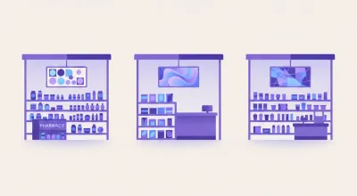 Ilustración de tres mostradores distintos —una farmacia, un kiosco y la tienda de una estación de servicio— cada uno con su propia pantalla digital mostrando contenido acorde