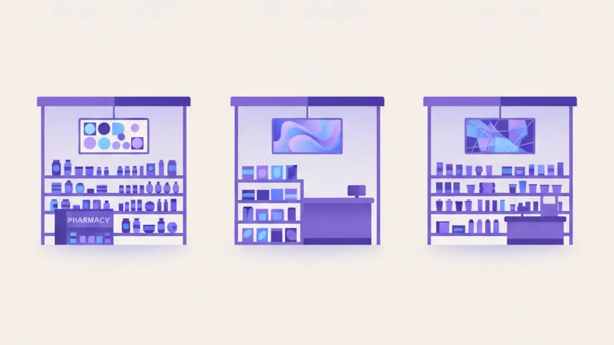 Ilustración de tres mostradores distintos —una farmacia, un kiosco y la tienda de una estación de servicio— cada uno con su propia pantalla digital mostrando contenido acorde