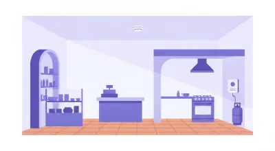 Ilustración de un local comercial con un detector de humo en el cielorraso del salón y un detector de gas cerca del piso junto a la cocina